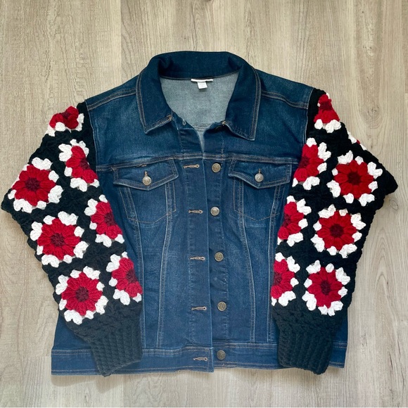 Westport Denim Jacket with Colorful Crochet Sleeves - Picture 2 of 3